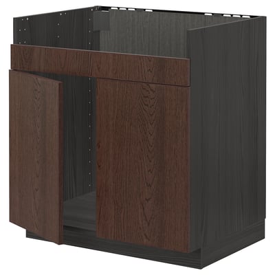 Dark brown wooden kitchen cabinet, modern design with oak veneer, square shape, sturdy build, and sleek finish.
