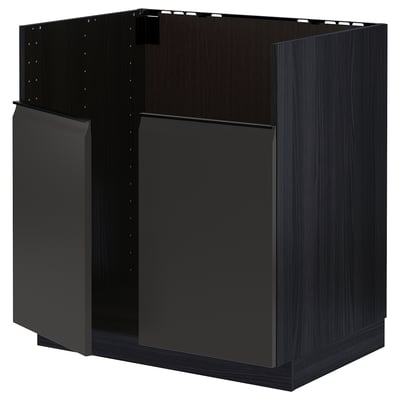 Black kitchen cabinet, square, modern design with sleek, flat surfaces.