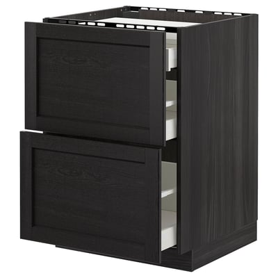 Black stained kitchen cabinet with drawers, part of ikeas METOD series, featuring a traditional design with beveled edges and a sturdy frame.