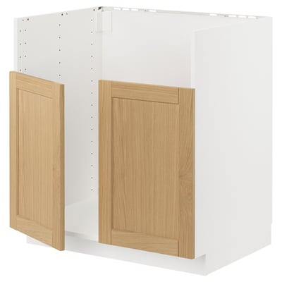 METOD kitchen unit. White base, oak doors. Two door cabinet. Classic, square shape. Beveled edges. Sturdy, wood veneer finish.