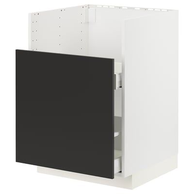 Modern black kitchen cabinet, white frame, square shape.
