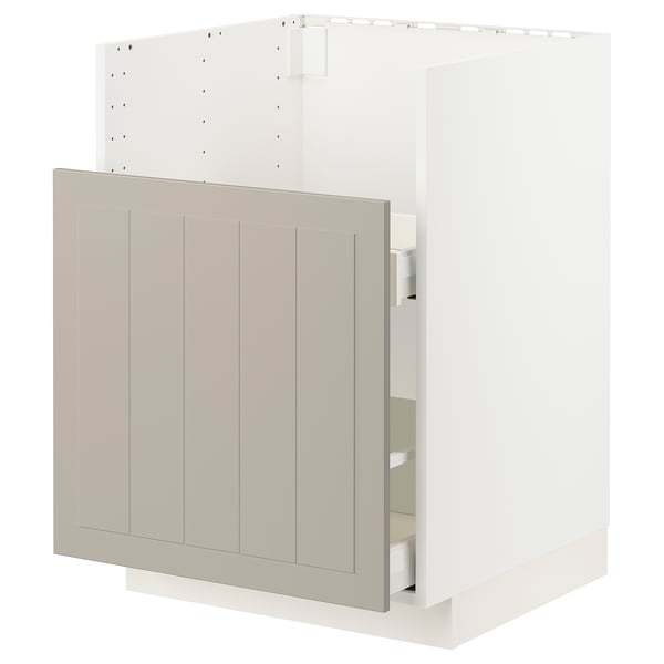 Displays a white and beige ikea METOD kitchen cabinet with a drawer.