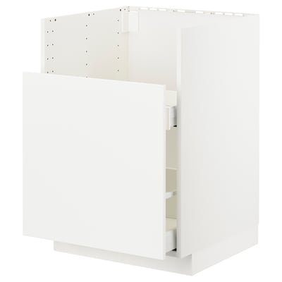 White METOD kitchen cabinet, modern minimalist design, with integrated handles, and smooth-closing drawers.