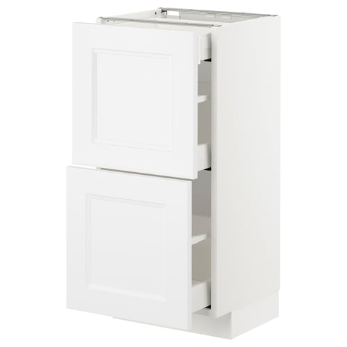 White METOD kitchen cabinet with two open drawers, modern design, particleboard & plastic.