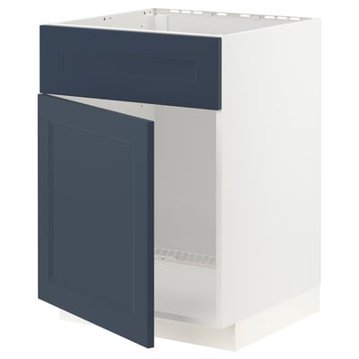 Blue kitchen cabinet with one door open, part of METOD system, white and blue, square shape, modern design.