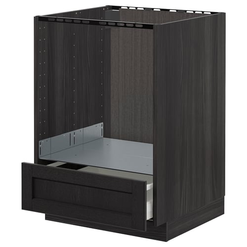 METOD dark wood kitchen unit with one open drawer, modern design.