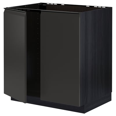 Black METOD kitchen cabinet, sleek & minimalist with matte finish & wood grain.