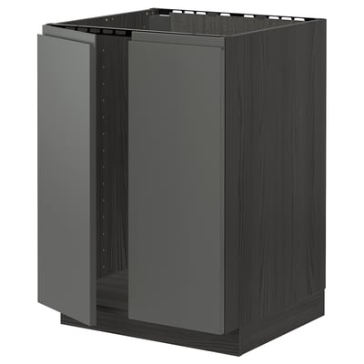 Black METOD kitchen cabinet with dark grey voxtorp handles, rectangular, modern style.