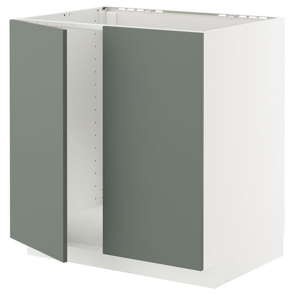 An ikea METOD kitchen cabinet with a white frame and green-gray doors. Its designed for either an oven or sink and has sleek, modern lines.