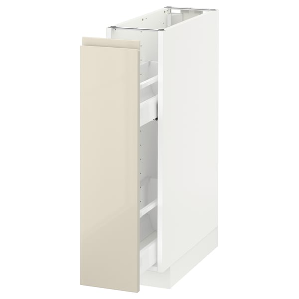 A white METOD kitchen cabinet with a beige glossy door and integrated handles. Its rectangular and a sturdy frame with a pull-out drawer.