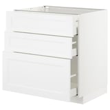 White METOD kitchen cabinet with three drawers.