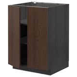Dark brown wooden kitchen cabinet unit with shelves.