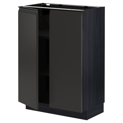 Modern black kitchen cabinet with sleek design and adjustable shelves.