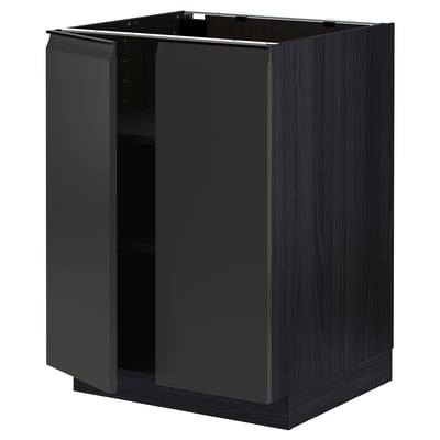 Modern black kitchen cabinet with sleek design and adjustable shelves.