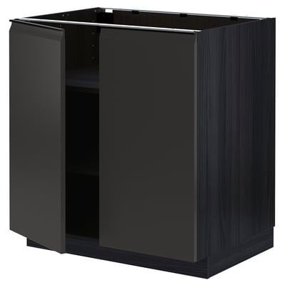 Modern black kitchen cabinet, rectangular, with two doors open revealing inner shelves.