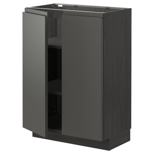 A dark gray ikea METOD kitchen cabinet with two open doors featuring integrated handles. The cabinet has a modern look and sturdy construction.