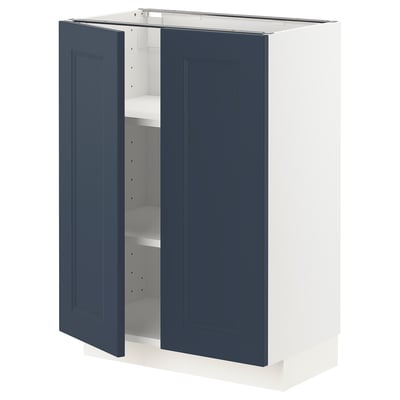METOD cabinet: blue doors, white body, adjustable shelves.