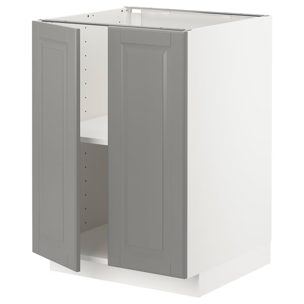 METOD kitchen unit in soft grey with beveled edges, adjustable shelves, and sturdy frame.