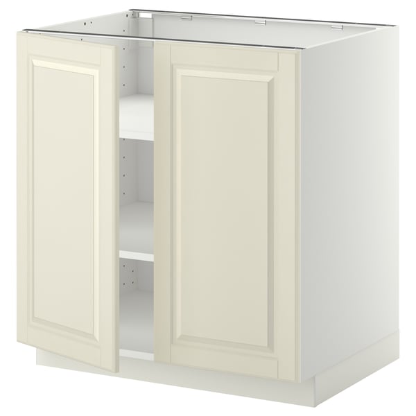 METOD kitchen unit in off-white with bevelled doors, boxy shape, sturdy particleboard frame, adjustable shelves, classic design.