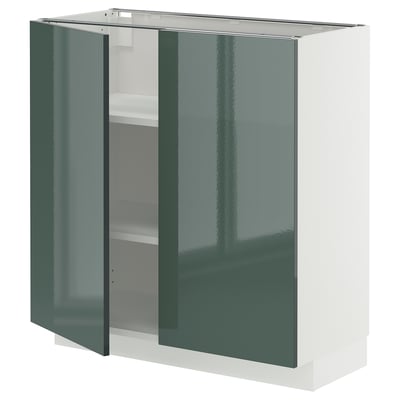 Modern grey-green kitchen cabinet with glossy finish, square shape, and two doors.