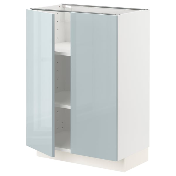 A white METOD kitchen cabinet with a light blue door in a glossy finish. It has an empty interior with adjustable shelves.