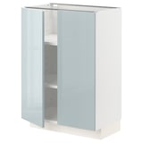A white METOD kitchen cabinet with a light blue door in a glossy finish. It has an empty interior with adjustable shelves.