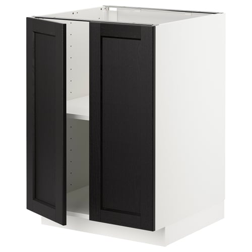 Depicts a METOD kitchen cabinet with dark stained wooden doors featuring bevelled edges, set against a white frame.
