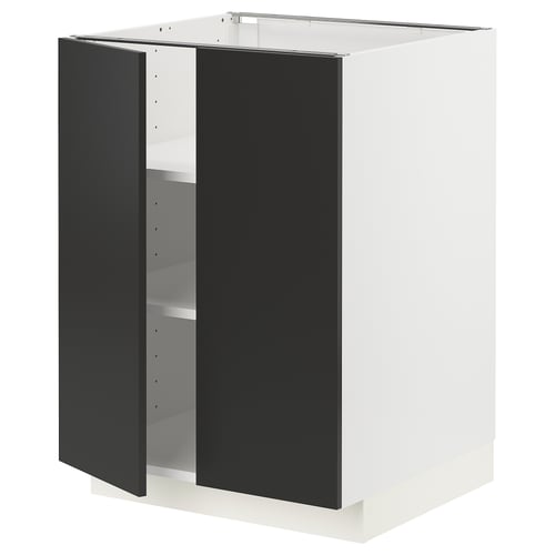 A modern white cabinet with black doors, part of the ikea METOD kitchen system. It a sleek, square design with adjustable shelves.