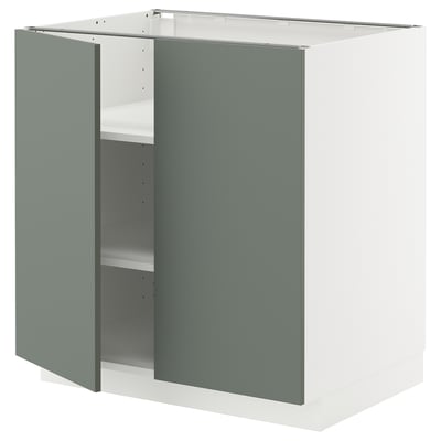 A modern, grey-green METOD kitchen cabinet with white interior and adjustable shelves.