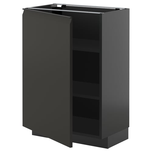 Dark grey kitchen cabinet with doors, modern design, matte finish, adjustable shelves.