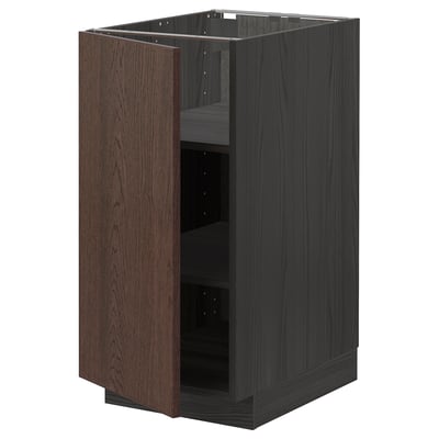 A dark brown ikea METOD kitchen cabinet with a wood-grain finish. It has one open door revealing adjustable shelves inside.