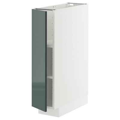 METOD kitchen unit in high-gloss grey-green with white frame and adjustable shelves.