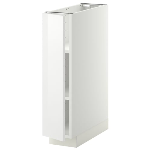 METOD white kitchen cabinet, glossy, rectangular with slightly open door.
