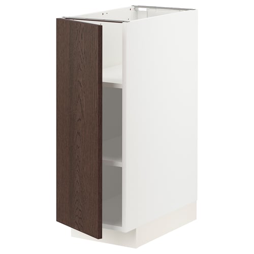A modern kitchen cabinet, named METOD, with a white frame and dark brown wood door, featuring a sleek design and sturdy construction.