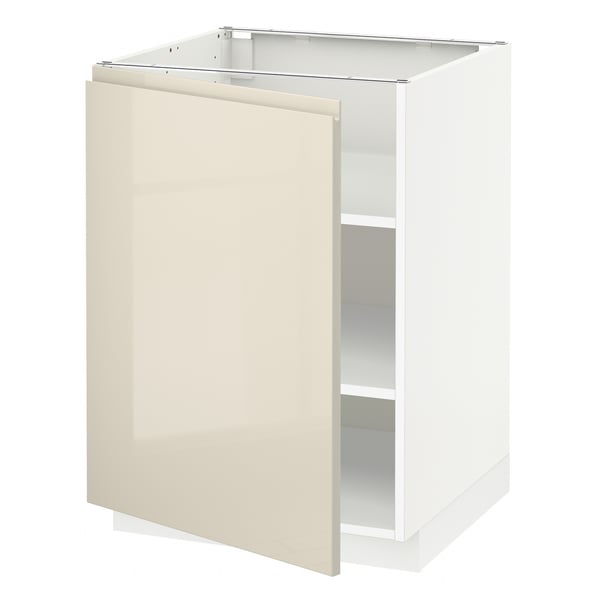 Beige METOD cabinet, glossy finish, modern design, adjustable shelves, high-quality structure.