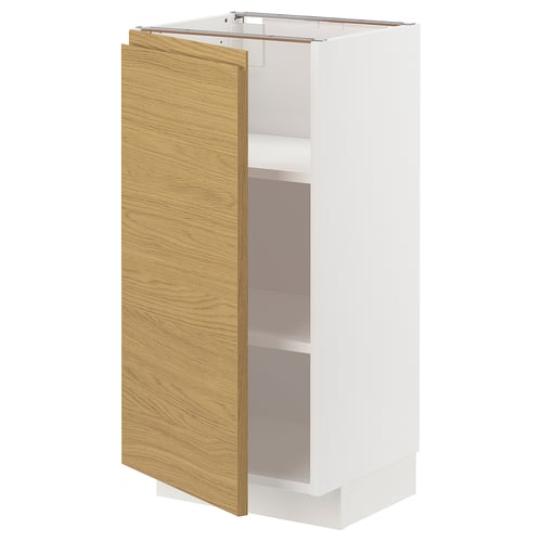 Open white and wood cabinet with shelves.