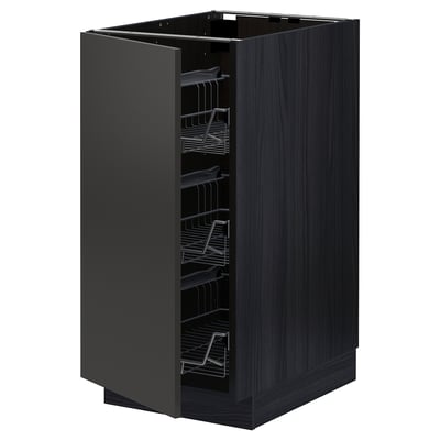 Modern black kitchen cabinet, METOD, tall with pull-out baskets, sleek, dark wood finish.