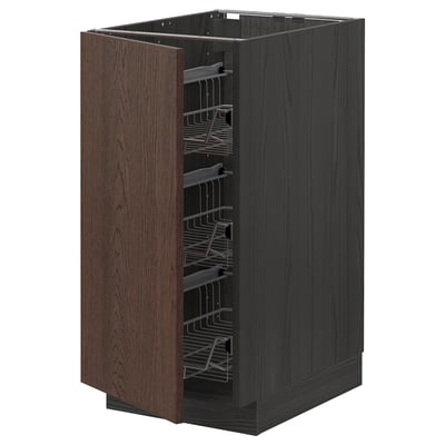 METOD kitchen unit, dark brown with wooden edge, wire racks, square shape.