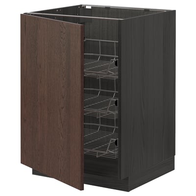 Dark brown METOD kitchen cabinet with pull-out wire baskets, oak veneer, stainless steel hinges.