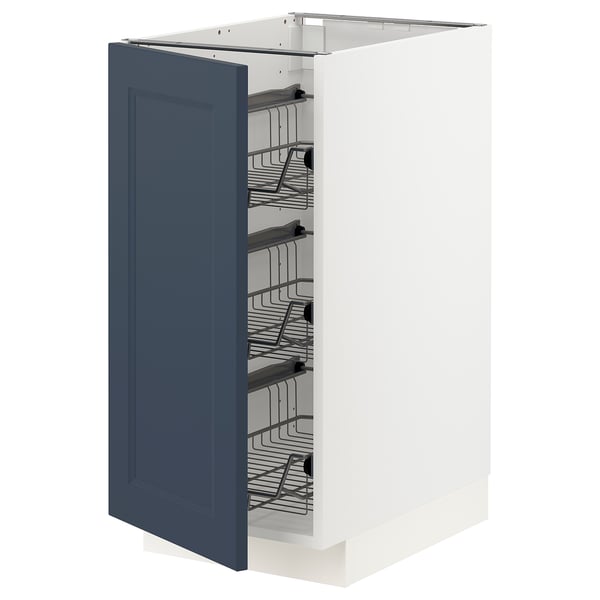 Modern kitchen cabinet in white with blue door, pull-out wire baskets, square shape.