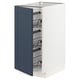 Modern kitchen cabinet in white with blue door, pull-out wire baskets, square shape.