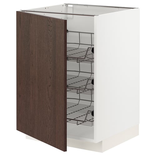 A METOD kitchen cabinet with a dark brown sinarp wooden door, metal shelves inside, and a white frame.