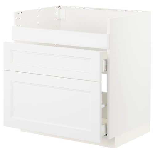 White METOD kitchen cabinet, drawer open showing shelves.
