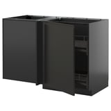This image a modern black corner cabinet for a kitchen, part of the ikea METOD system. It includes a pull-out shelf for easy access.