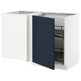 White kitchen unit with blue door, open drawer; modern design.