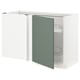 Modern white kitchen cabinet with green-gray door, featuring pull-out shelves for easy access.