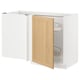 White kitchen cabinet with oak door, featuring pull-out shelves.