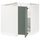 A white METOD kitchen cabinet with a greenish-gray door and metal hinges. It has an open shelf design, ideal for storage.