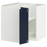 A white METOD kitchen cabinet with a blue door. It has a modern design with a square shape and hinge details.