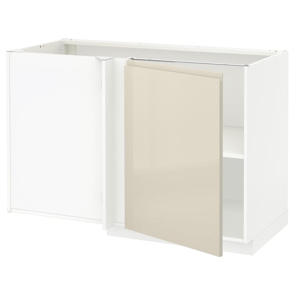 White u-shaped kitchen unit, modern design with high-gloss beige doors, flat surfaces.